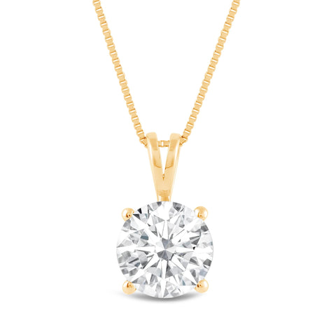 Everyday Elegance Solid 14K Yellow Gold Lab Grown Diamond Solitaire Pendant Necklace for Women in Round Cut | 2 CTW | 18 Inch Length | Box Link Chain| With Gift Box