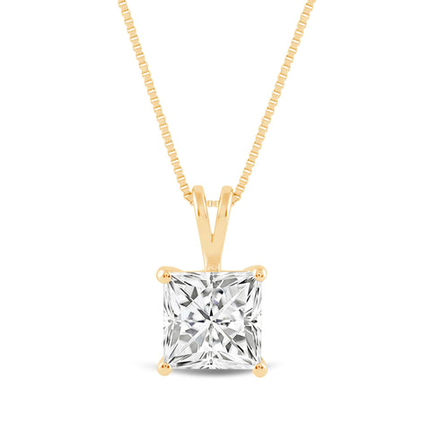 Everyday Elegance Solid 14K Yellow Gold Lab Grown Diamond Solitaire Pendant Necklace for Women in Princess Cut | 2 CTW | 18 Inch Length | Box Link Chain| With Gift Box