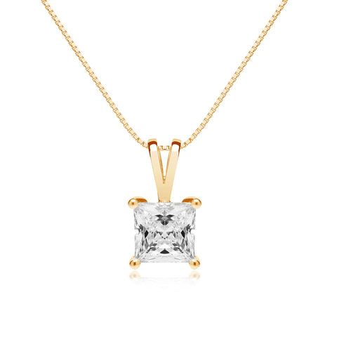 Everyday Elegance Solid 14K Yellow Gold Lab Grown Diamond Solitaire Pendant Necklace for Women in Princess Cut | 1 CTW | 18 Inch Length | Box Link Chain| With Gift Box