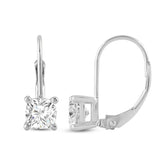 Everyday Elegance 14K Solid White Gold Earrings Cushion Cut Cubic Zirconia Leverback Drop Dangle Basket Setting 2.2 CTW, 1.1 CTW each With Gift Box