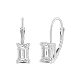 Everyday Elegance 14K Solid White Gold Earrings Emerald Cut Cubic Zirconia Leverback Drop Dangle Basket Setting 1.92 CTW, 0.96 CTW each With Gift Box