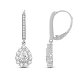 Everyday Elegance 14K Solid White Gold Leverback Earrings Pear "Halo" Cubic Zirconia Drop Dangle Basket Setting 2.0 CTW With Gift Box