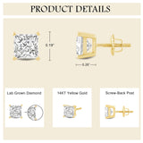 Everyday Elegance 14K Solid Yellow Gold Classic Four Prong Stud Earrings | Princess Cut Lab Grown Diamond | Screw Back Posts | 2.0 CTW (E-F Color, VS2-SI1 Clarity) | With Gift Box