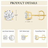 Everyday Elegance 14K Solid Yellow Gold Classic Four Prong Stud Earrings | Round Cut Lab Grown Diamond | Screw Back Posts | 1.5 CTW (E-F Color, VS2-SI1 Clarity) | With Gift Box