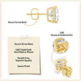 Everyday Elegance 14K Solid Yellow Gold Classic Four Prong Stud Earrings | Princess Cut Lab Grown Diamond | Screw Back Posts | 2.0 CTW (E-F Color, VS2-SI1 Clarity) | With Gift Box