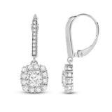 Everyday Elegance 14K Solid White Gold Leverback Earrings Cushion "Halo" Cubic Zirconia Drop Dangle Basket Setting 3.0 CTW With Gift Box