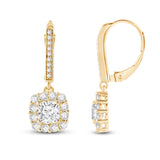 Everyday Elegance 14K Solid Yellow Gold Leverback Earrings Cushion "Halo" Cubic Zirconia Drop Dangle Basket Setting 3.0 CTW With Gift Box