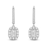 Everyday Elegance 14K Solid White Gold Leverback Earrings Emerald "Halo" Cubic Zirconia Drop Dangle Basket Setting 3.0 CTW With Gift Box