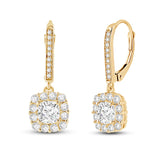 Everyday Elegance 14K Solid Yellow Gold Leverback Earrings Cushion "Halo" Cubic Zirconia Drop Dangle Basket Setting 3.0 CTW With Gift Box