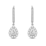 Everyday Elegance 14K Solid White Gold Leverback Earrings Pear "Halo" Cubic Zirconia Drop Dangle Basket Setting 2.0 CTW With Gift Box