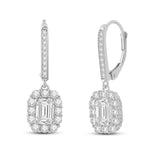 Everyday Elegance 14K Solid White Gold Leverback Earrings Emerald "Halo" Cubic Zirconia Drop Dangle Basket Setting 3.0 CTW With Gift Box