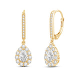 Everyday Elegance 14K Solid Yellow Gold Leverback Earrings Pear "Halo" Cubic Zirconia Drop Dangle Basket Setting 2.0 CTW With Gift Box