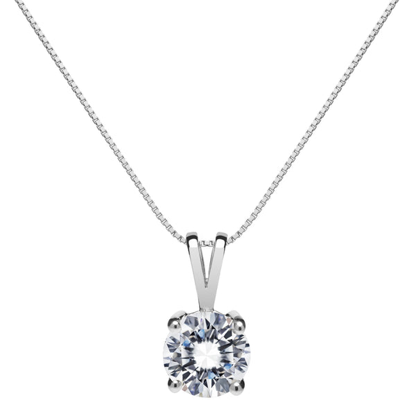 14K Solid White Gold Pendant Necklace, Round CZ Solitaire 1.0 CT, 18 ...